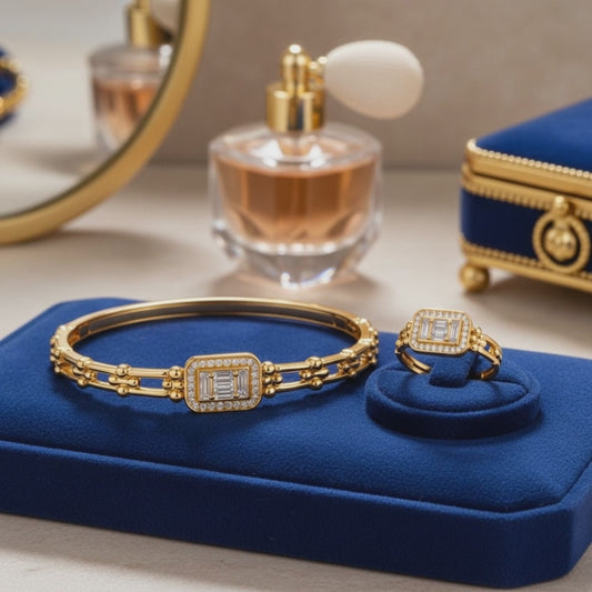 22K Gold Plated Bracelet & Ring Set – Elegant Baguette Stone Jewelry Set – Gift for Her