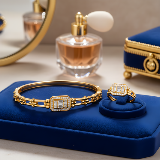 22K Gold Plated Bracelet & Ring Set – Elegant Baguette Stone Jewelry Set – Gift for Her